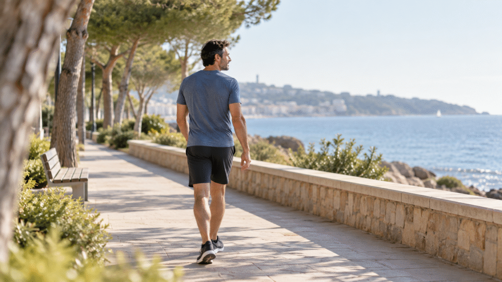 Paciente caminando durante los primeros días de recuperación tras una operación de hernia inguinal