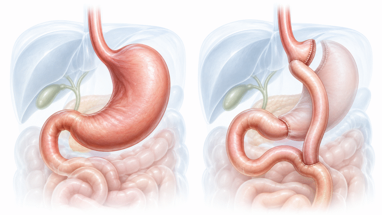 Ilustración médica del estómago y el intestino después de un bypass gástrico