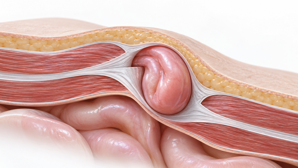 Ilustración médica de una hernia inguinal en la zona inferior de la pared abdominal