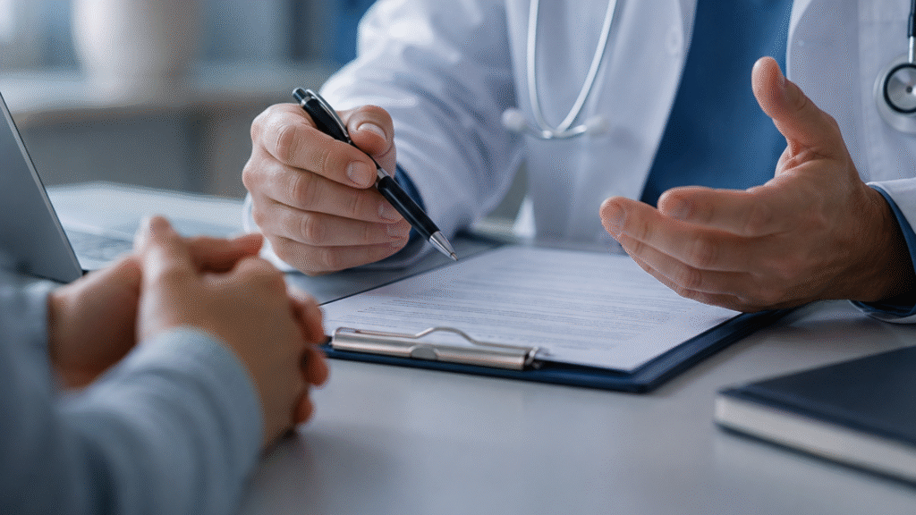 Paciente en consulta médica durante la recuperación después de una operación de hernia inguinal