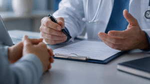 Paciente en consulta médica durante la recuperación después de una operación de hernia inguinal